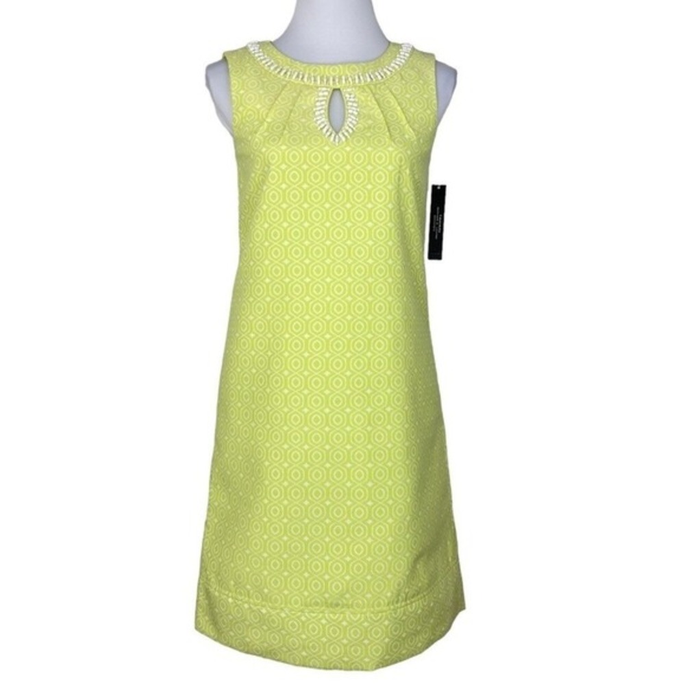 Tahari Arthur S Levine Julie Lime Green White Geometric Beaded Shift Dress 2 NEW